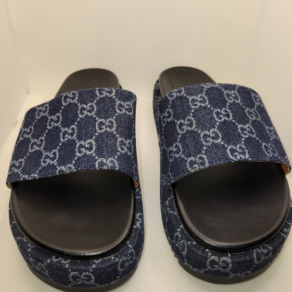 Gucci Women's Angelina Platform Slude Sandals GG Denim Size 42/10.5 US